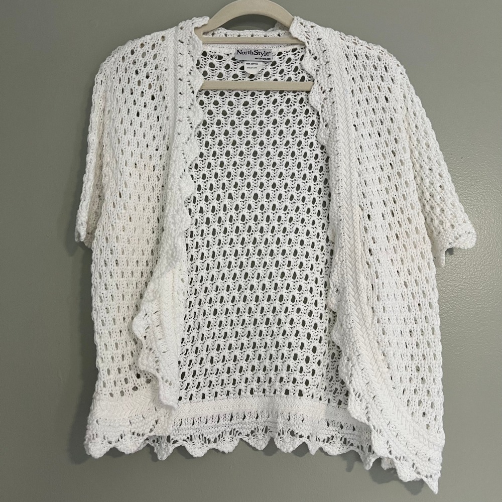 White Crochet Open Knit Cardigan Cotton Medium cottage feminine y2k  shabby chic
